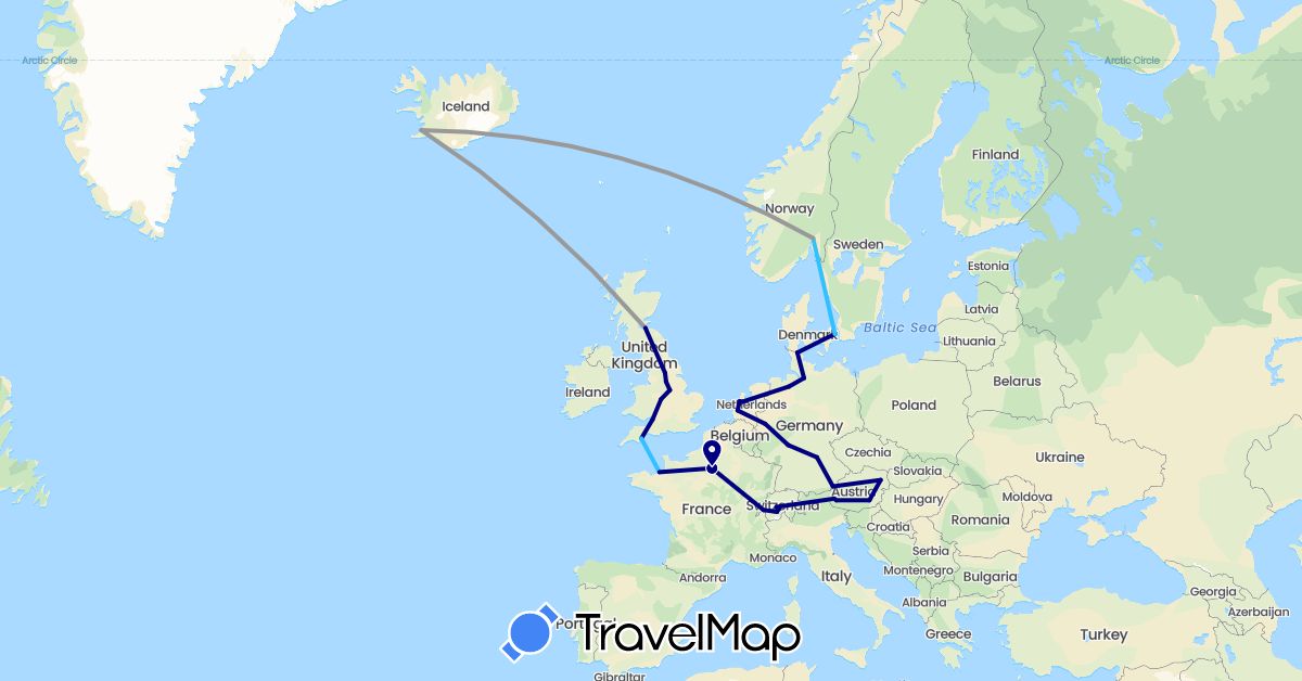 TravelMap itinerary: driving, plane, boat in Austria, Switzerland, Germany, Denmark, France, United Kingdom, Iceland, Netherlands, Norway (Europe)